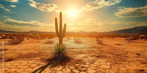 desert landscape photo with cactus, with sunny weather background. 