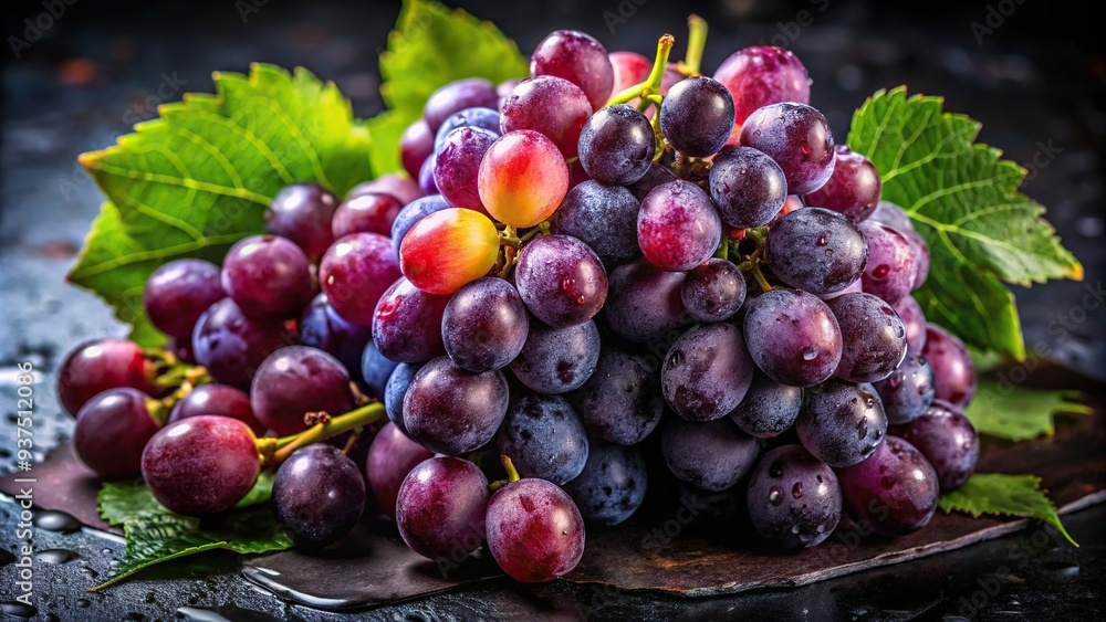 vibrant Concord grapes bursting with juicy sweetness, set against a contrasting dark background, showcasing rich textures and succulent colors in high-contrast style vibrant Concord grapes bursting with juicy sweetness, set against a contrasting dark background, showcasing rich textures and succulent colors in high-contrast style