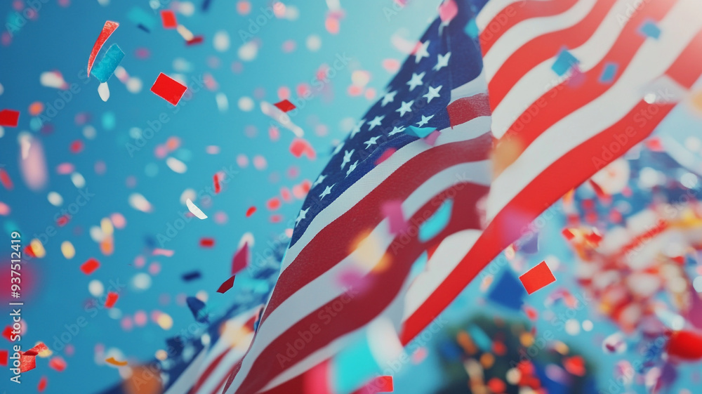 Fototapeta premium Vibrant celebration of patriotism with American flags and colorful confetti dancing in the summer breeze
