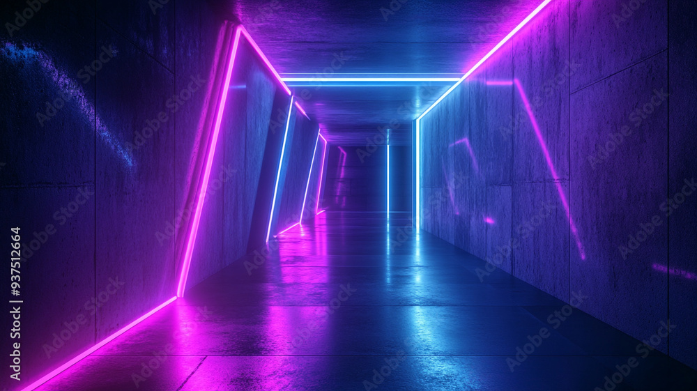Vibrant neon corridor with striking pink and blue lights in a modern architectural space at midnight Vibrant neon corridor with striking pink and blue lights in a modern architectural space at midnight