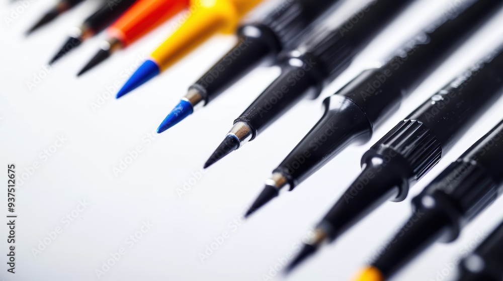 Row of technical pens lying on white surface Row of technical pens lying on white surface