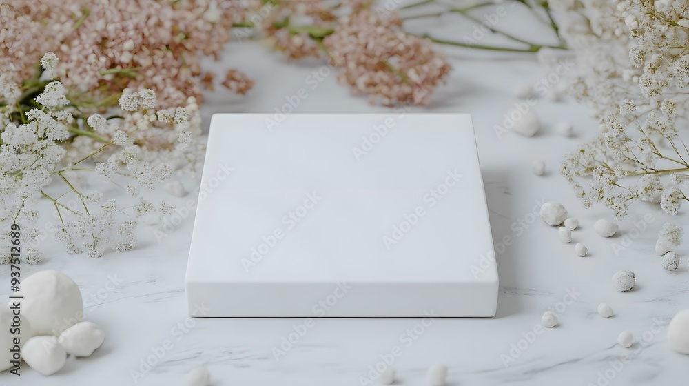 White Square Mockup with Flowers and White Stones on Marble Background White Square Mockup with Flowers and White Stones on Marble Background