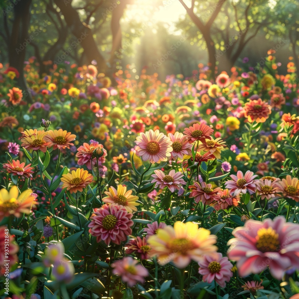 A vibrant field of blooming flowers illuminated by soft sunlight, creating a serene and colorful garden scene. A vibrant field of blooming flowers illuminated by soft sunlight, creating a serene and colorful garden scene.