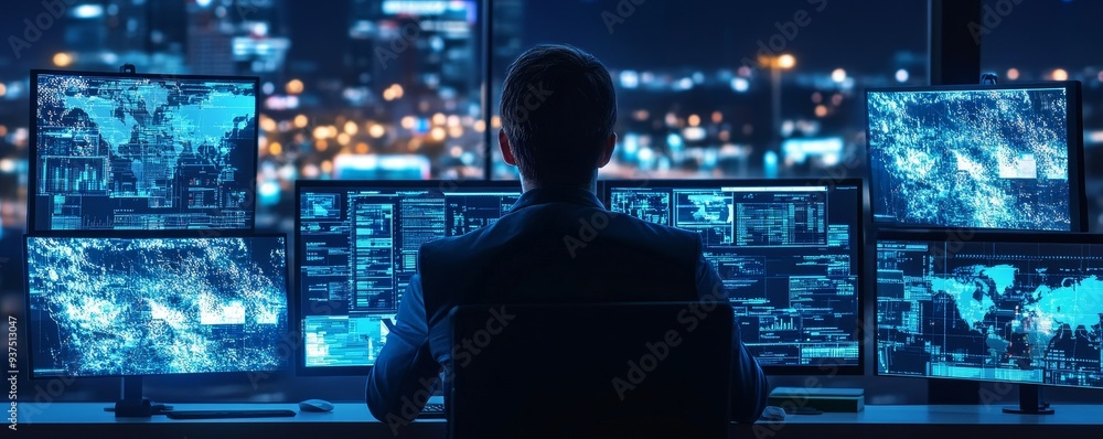 custom made wallpaper toronto digitalSilhouetted figure sits in front of multiple computer screens displaying data.