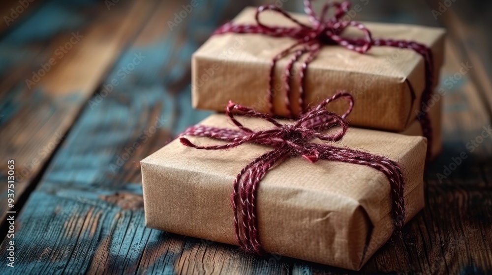 Thoughtfully wrapped brown parcels tied with burgundy twine resting on a rustic wooden surface, perfect for gifting on a special occasion Thoughtfully wrapped brown parcels tied with burgundy twine resting on a rustic wooden surface, perfect for gifting on a special occasion