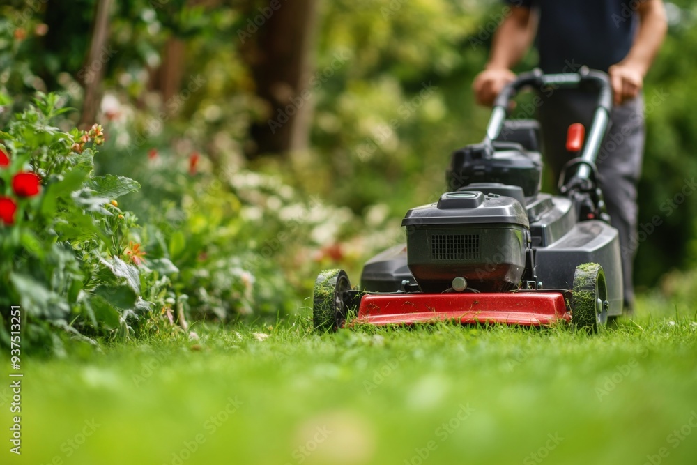 Fototapeta premium Lawn care. Mowing and caring for the grass with a lawn mower in a bright and colorful garden