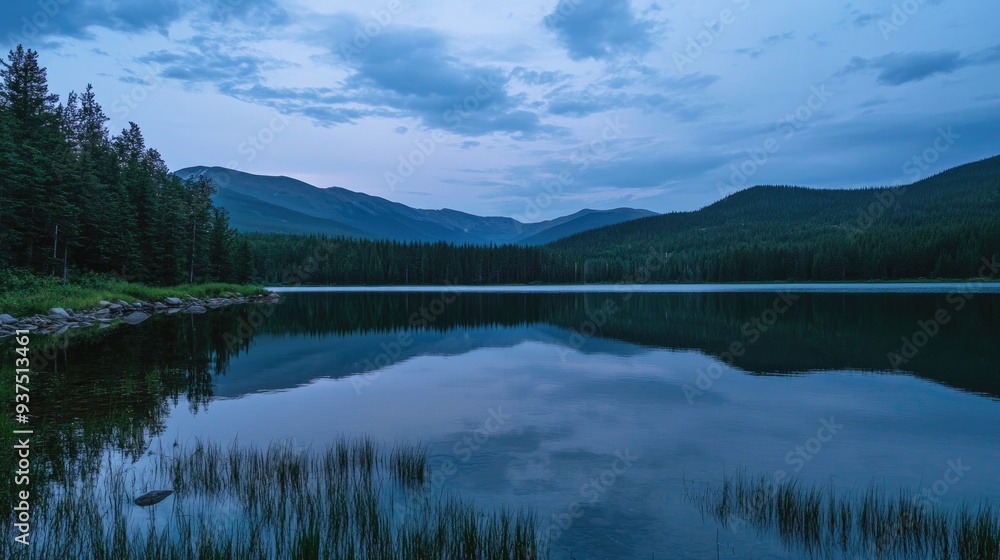 Calm lake at dusk, with the last light of the day reflecting on the water and mountains in the background. Calm lake at dusk, with the last light of the day reflecting on the water and mountains in the background.