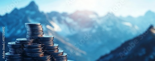 Stack of coins in front of a mountain range. photo