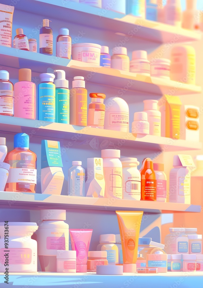 Colorful Bottles and Jars on Shelves in a Bathroom Illustration Colorful Bottles and Jars on Shelves in a Bathroom Illustration