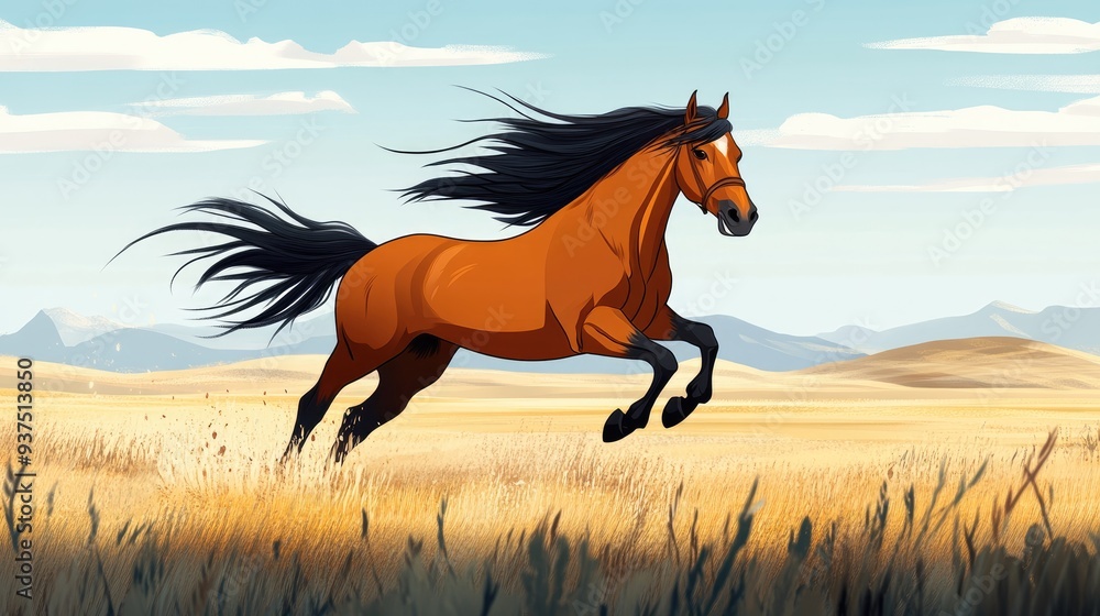 Cartoon Mongolian takhi horse, running across the vast steppe with a wild, free-spirited expression, mane flowing in the wind. Cartoon Mongolian takhi horse, running across the vast steppe with a wild, free-spirited expression, mane flowing in the wind.