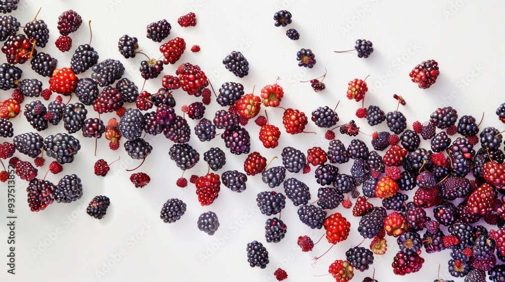 A cascade of blackberries tumbling down a white canvas, their rounded shapes and vibrant colors creating a mesmerizing visual spectacle. A cascade of blackberries tumbling down a white canvas, their rounded shapes and vibrant colors creating a mesmerizing visual spectacle.