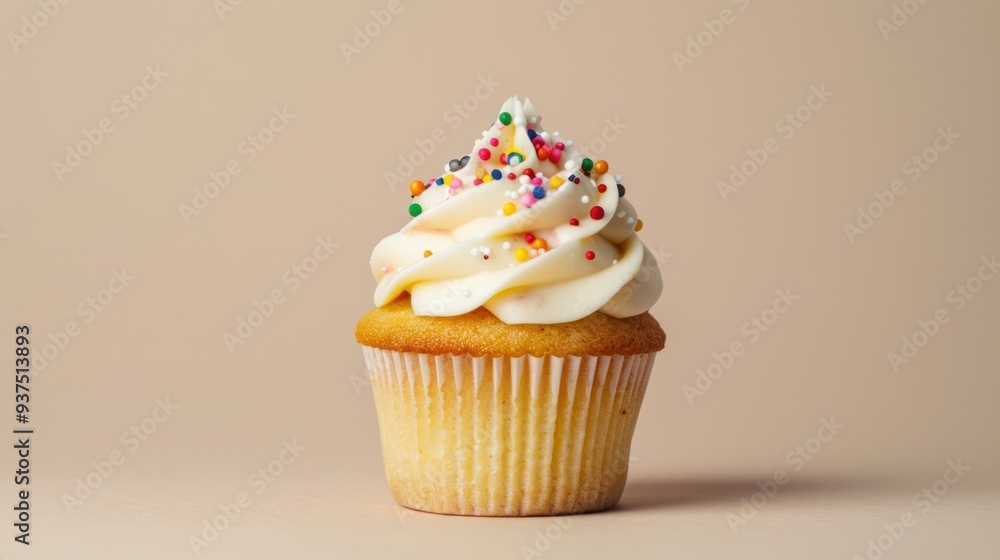A charming miniature cupcake decorated with a delicate buttercream frosting and a tiny assortment of sprinkles A charming miniature cupcake decorated with a delicate buttercream frosting and a tiny assortment of sprinkles