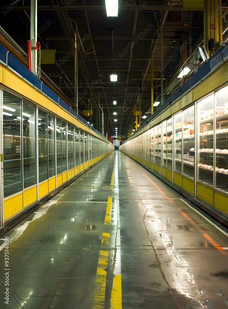 Empty Industrial Corridor With Yellow And White Lines Empty Industrial Corridor With Yellow And White Lines