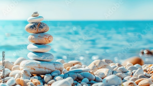 A Stack of Smooth White Stones Against the Blurred Blue Ocean photo