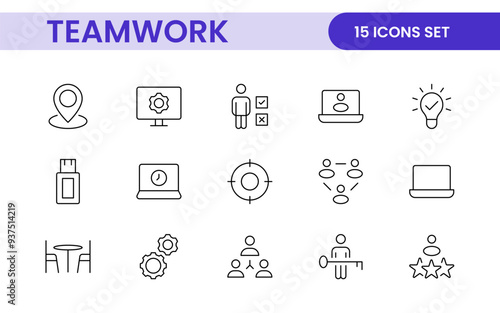 Teamwork linear icons collection. Set of coworking space icons. Business teamwork, team building, work group, and human resources minimal thin line web icon set.