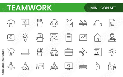 Teamwork linear icons collection. Set of coworking space icons. Business teamwork, team building, work group, and human resources minimal thin line web icon set.