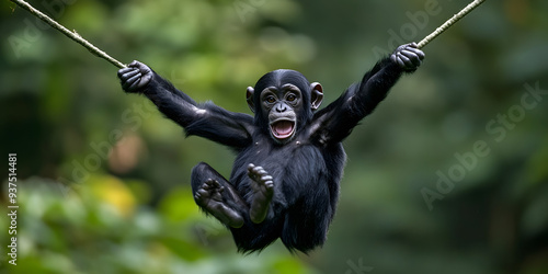 Mischievous monkey swinging from vines photo