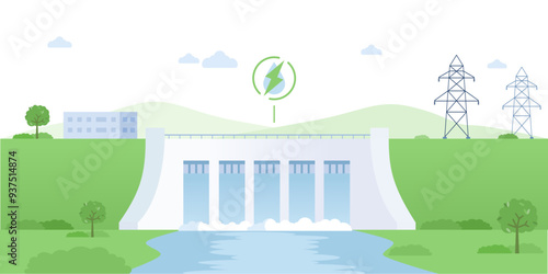Illustration of a hydroelectric dam generating sustainable energy, surrounded by nature.  Dam with turbines as nature-friendly and sustainable resource generation type vector illustration.