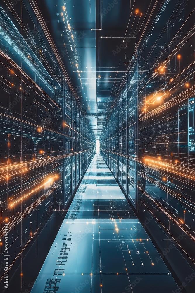 Futuristic Data Center Server Room with Glowing Lights and Technology Futuristic Data Center Server Room with Glowing Lights and Technology