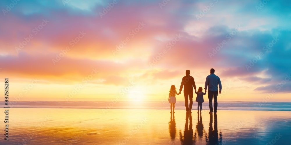 Family of four walking on a beach at sunset, holding hands and enjoying the beautiful sky. Togetherness, family time, serenity, sunset, bonding. Family of four walking on a beach at sunset, holding hands and enjoying the beautiful sky. Togetherness, family time, serenity, sunset, bonding.