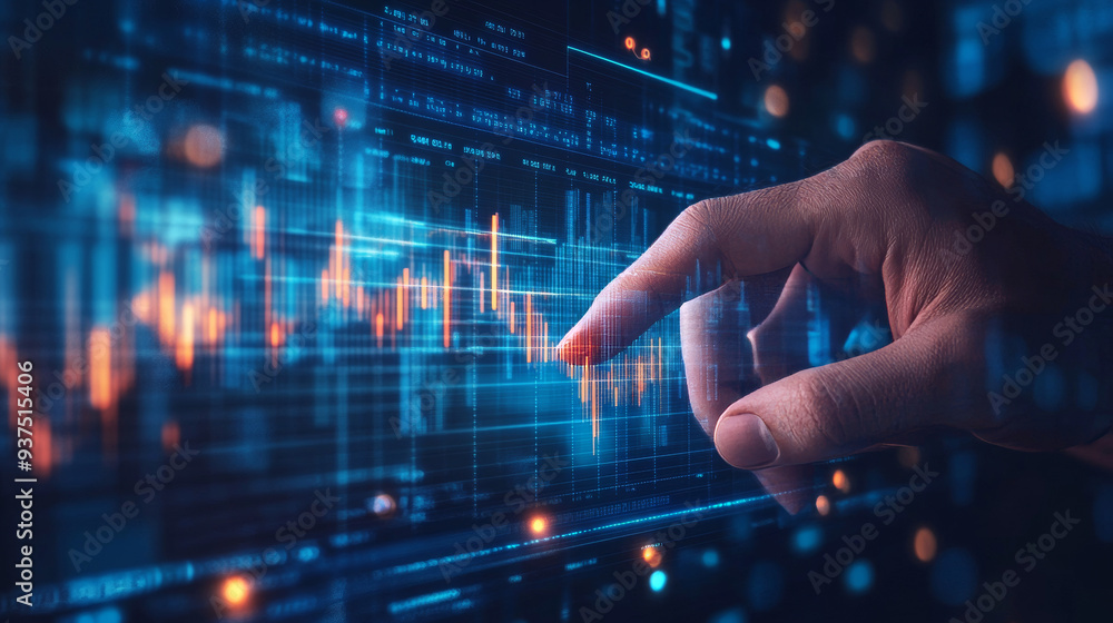 Office man touching a virtual HUD screen displaying stock market changes, with a business candlestick chart. Double exposure of blue and white lines, growing numbers, and online trading indicators. Office man touching a virtual HUD screen displaying stock market changes, with a business candlestick chart. Double exposure of blue and white lines, growing numbers, and online trading indicators.