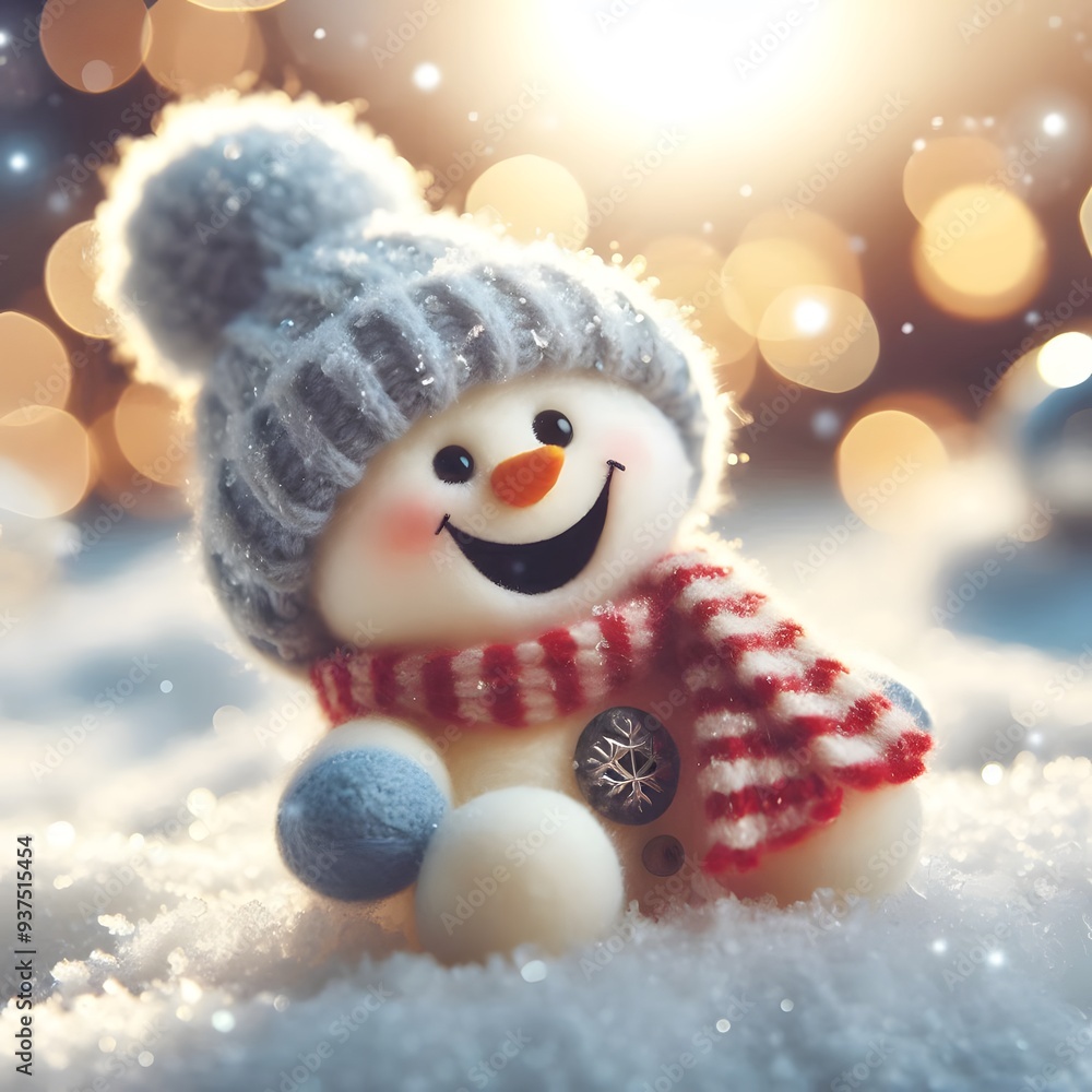 Cute Laughing Snowman with Wool Hat & Scarf - Photorealistic Winter Scene with Bokeh Lights Cute Laughing Snowman with Wool Hat & Scarf - Photorealistic Winter Scene with Bokeh Lights