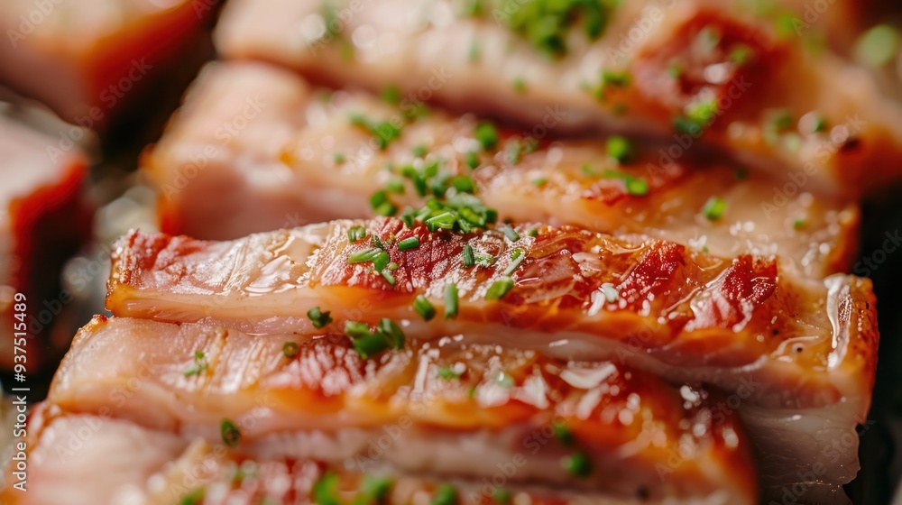 A close-up photo of perfectly sliced fatty pork belly, each slice glistening with oil and showing a beautiful marbling of fat and meat A close-up photo of perfectly sliced fatty pork belly, each slice glistening with oil and showing a beautiful marbling of fat and meat