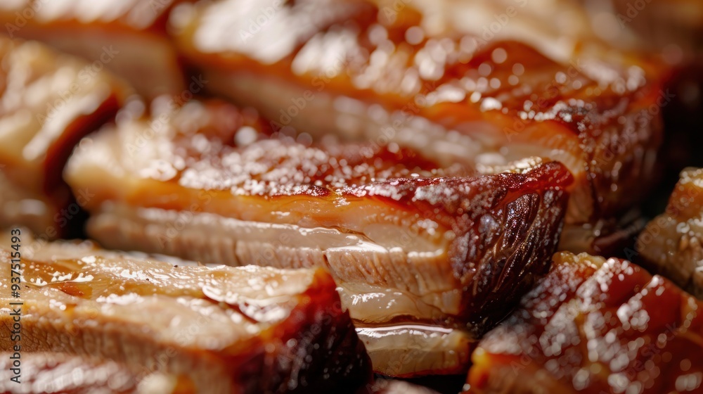 A close-up photo of perfectly sliced fatty pork belly, each slice glistening with oil and showing a beautiful marbling of fat and meat A close-up photo of perfectly sliced fatty pork belly, each slice glistening with oil and showing a beautiful marbling of fat and meat