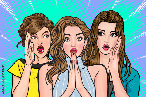 Woman whispering gossip secret to her friend surprise In Retro Vintage Pop Art Comic Style
