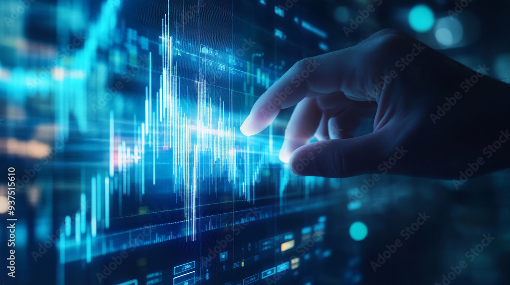 Office man touching a virtual HUD screen displaying stock market changes, with a business candlestick chart. Double exposure of blue and white lines, growing numbers, and online trading indicators. Office man touching a virtual HUD screen displaying stock market changes, with a business candlestick chart. Double exposure of blue and white lines, growing numbers, and online trading indicators.