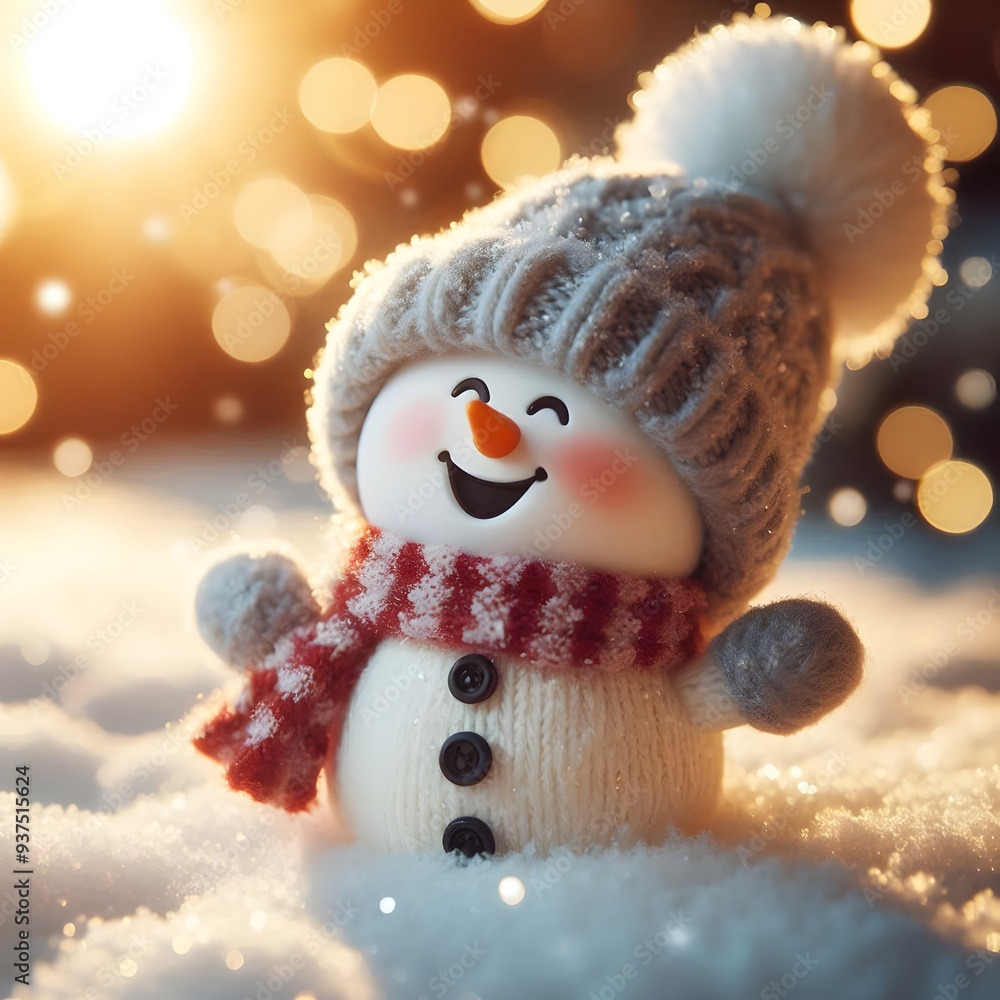 Obraz premium Cute Laughing Snowman with Wool Hat & Scarf - Photorealistic Winter Scene with Bokeh Lights