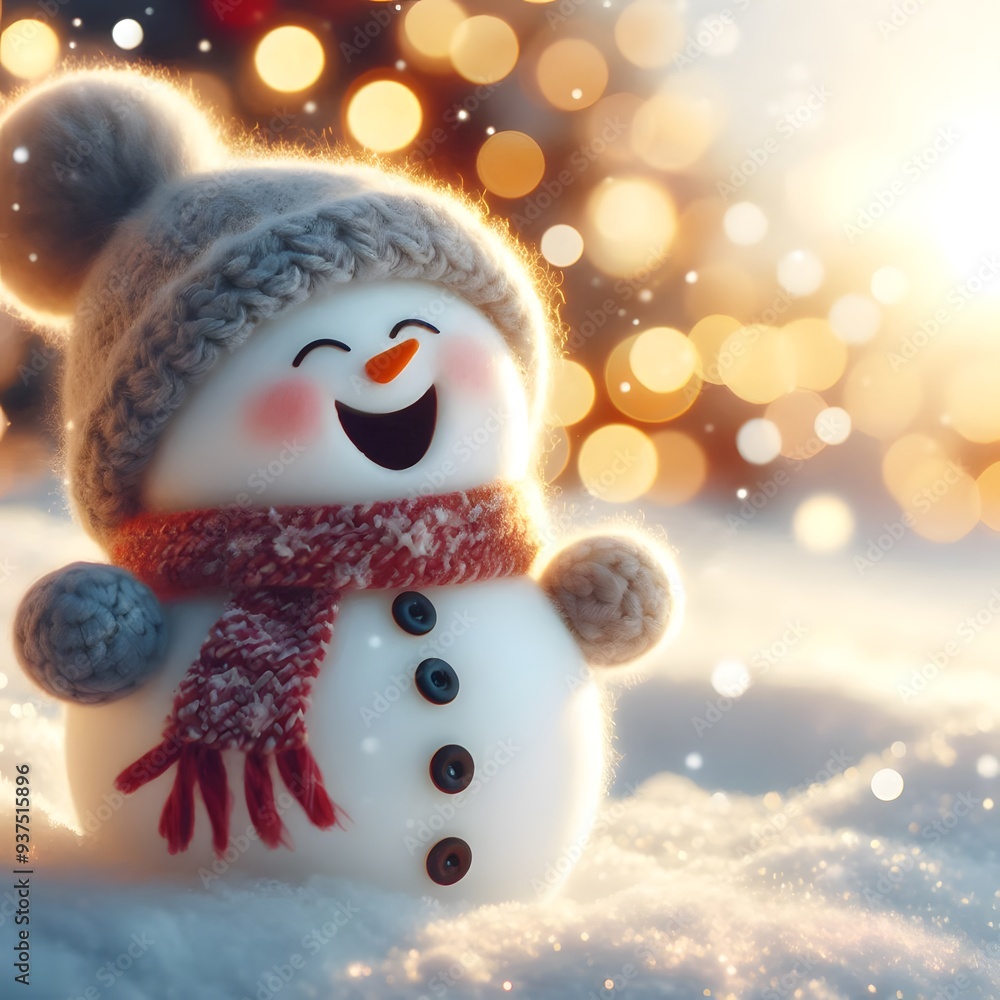 Obraz premium Cute Laughing Snowman with Wool Hat & Scarf - Photorealistic Winter Scene with Bokeh Lights