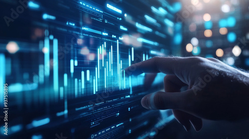 Office man touching a virtual HUD screen displaying stock market changes, with a business candlestick chart. Double exposure of blue and white lines, growing numbers, and online trading indicators. photo