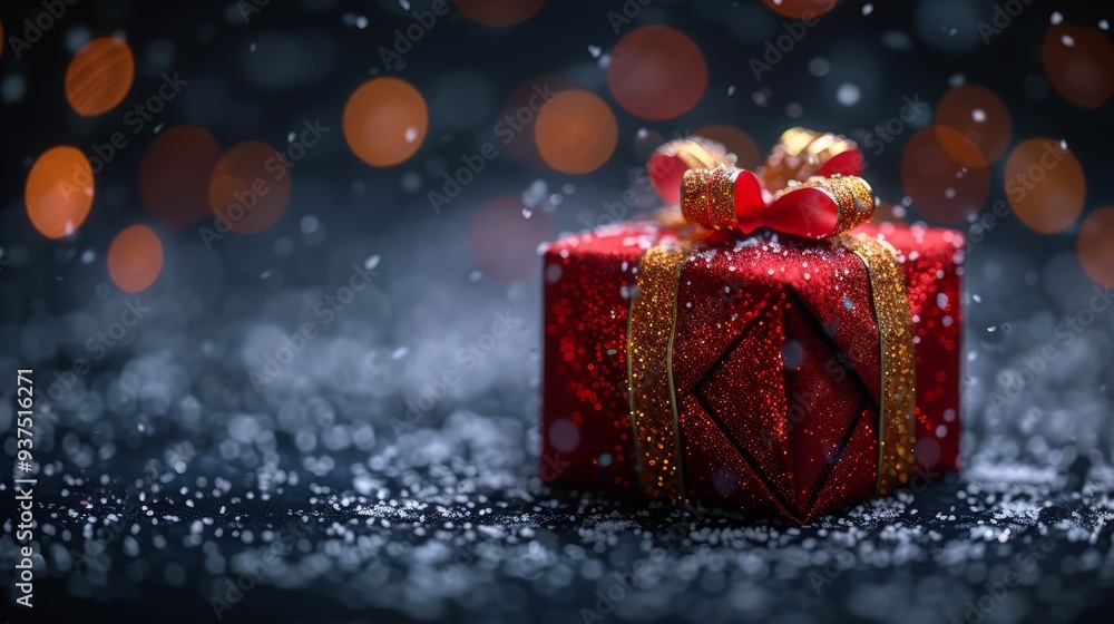 A beautifully wrapped red gift box adorned with a shiny gold ribbon sits on a dark surface, surrounded by sparkling lights and a gentle snowfall, creating a festive atmosphere A beautifully wrapped red gift box adorned with a shiny gold ribbon sits on a dark surface, surrounded by sparkling lights and a gentle snowfall, creating a festive atmosphere