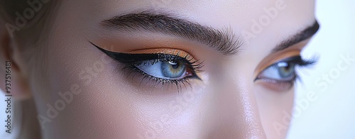 Create a close-up of a model’s eyes with emo eyeliner, emphasizing the detailed application and dramatic look against a pure white backdrop, more clarity with clear light and sharp focus, high photo