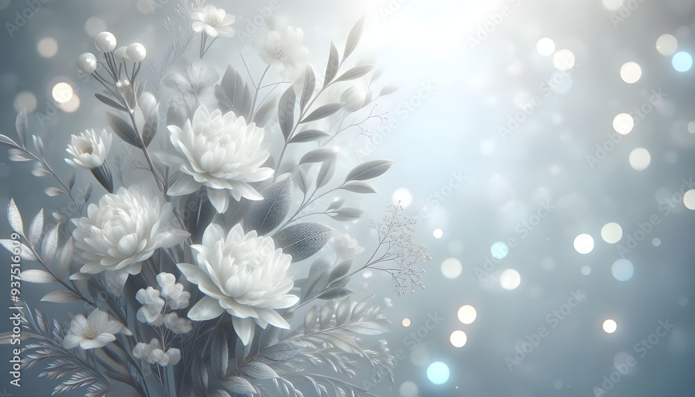 elegant white flowers with soft bokeh background, mourning and funeral imagery with copy space for text