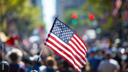 American Flag proudly waving with a backdrop of bustling Labor Day parade workers, capturing the essence of hard work and national pride.