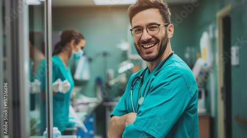 A veterinarian in scrubs, holding a medical instrument, standing in a veterinary clinic, smiling .