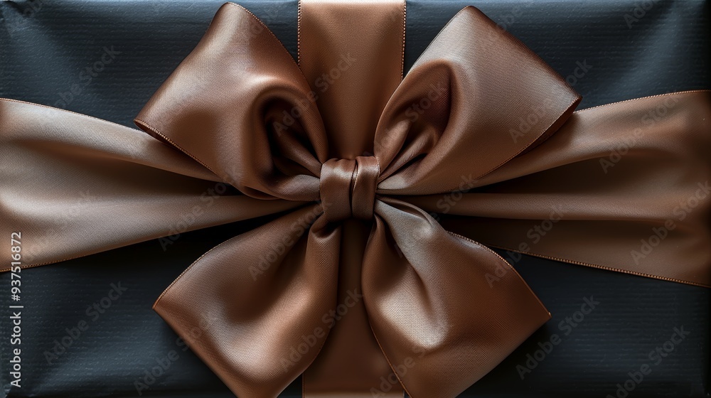 A beautifully wrapped gift featuring a large brown satin ribbon, carefully arranged to create an elegant presentation for any special occasion A beautifully wrapped gift featuring a large brown satin ribbon, carefully arranged to create an elegant presentation for any special occasion