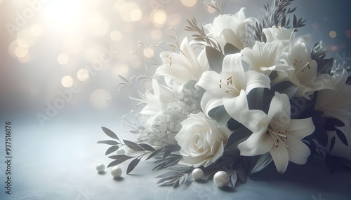 elegant white flowers with soft bokeh background, mourning and funeral imagery with copy space for text