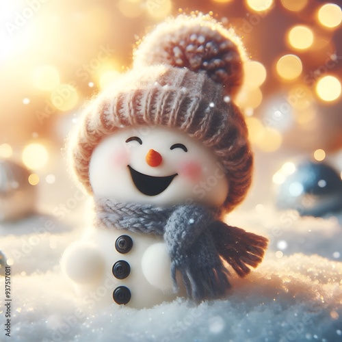 Cute Laughing Snowman with Wool Hat & Scarf - Photorealistic Winter Scene with Bokeh Lights