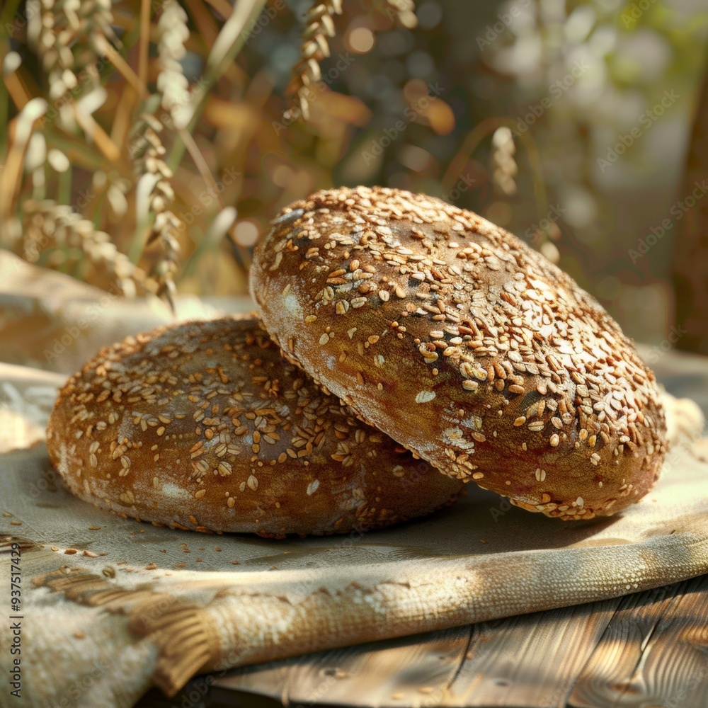 Two freshly baked sesame bread rolls resting on a textured cloth in a rustic setting surrounded by dried plants. Two freshly baked sesame bread rolls resting on a textured cloth in a rustic setting surrounded by dried plants.