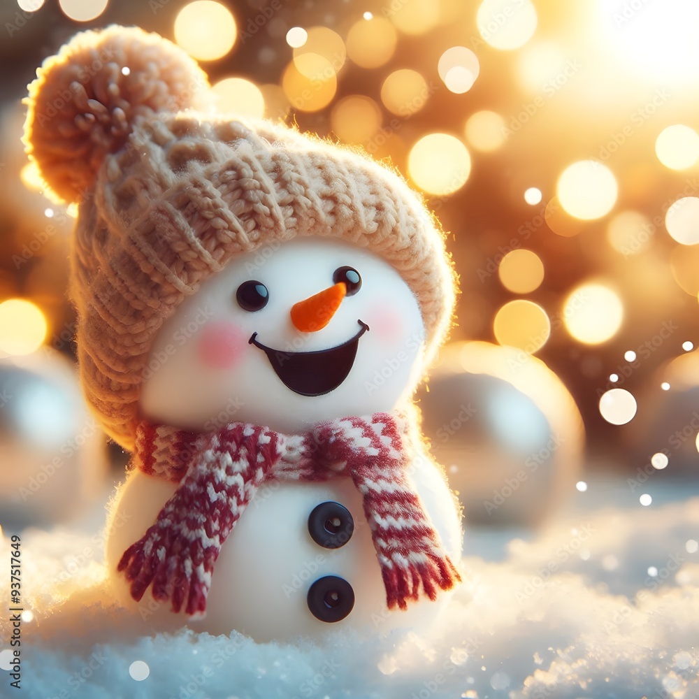 Obraz premium Cute Laughing Snowman with Wool Hat & Scarf - Photorealistic Winter Scene with Bokeh Lights