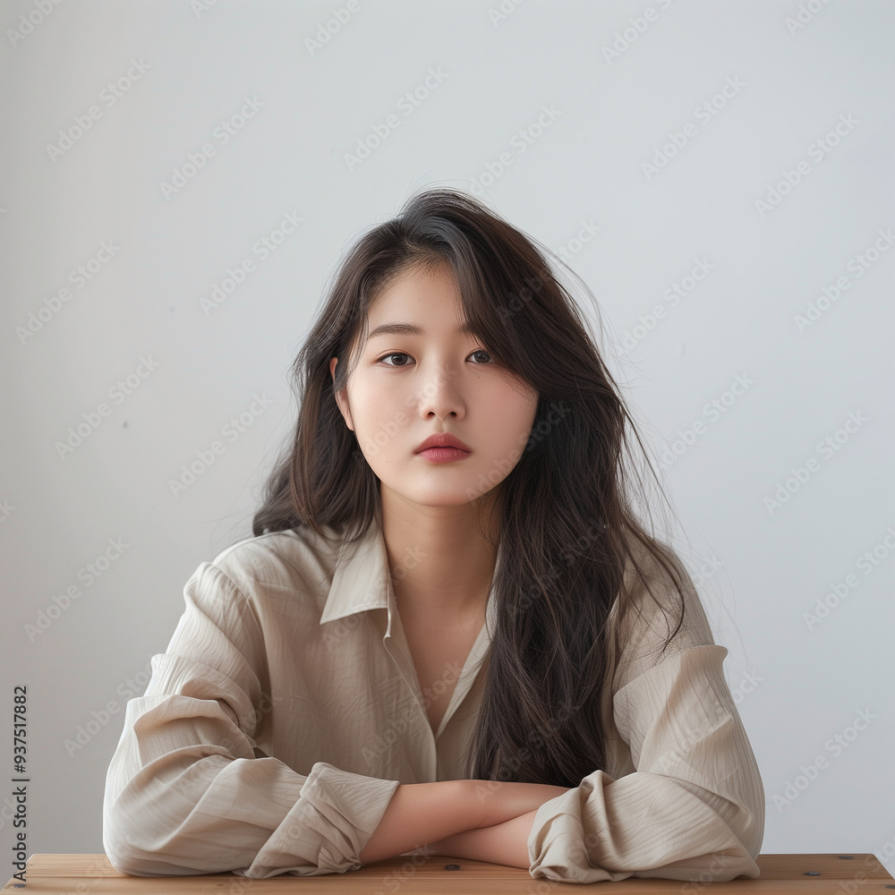 An Asian woman sits at a wooden desk in front of a white wall, looking expressionlessly. An Asian woman sits at a wooden desk in front of a white wall, looking expressionlessly.