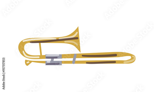 Large golden trumpet trombone. Brass musical instrument for playing orchestral or classical music. Decorative element for music store poster. Flat vector icon