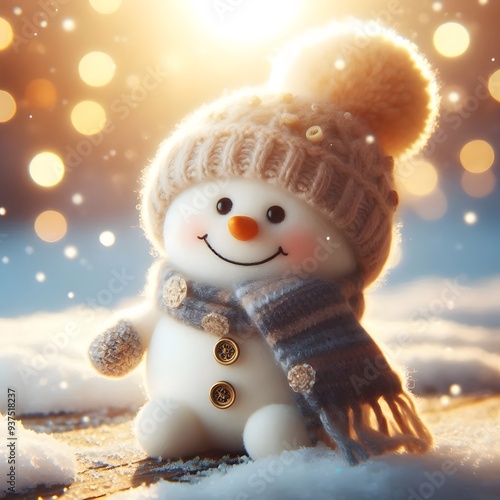 Cute Laughing Snowman with Wool Hat & Scarf - Photorealistic Winter Scene with Bokeh Lights