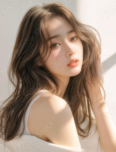 High Quality Detailed, Woman Beauty skin texture, dark hair natural light glowing skin, AI generative