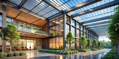 "Modern sustainable industrial architecture with sleek lines, natural light, and lush greenery, evoking innovation, harmony, and progress, in warm neutral tones with subtle blue accents."