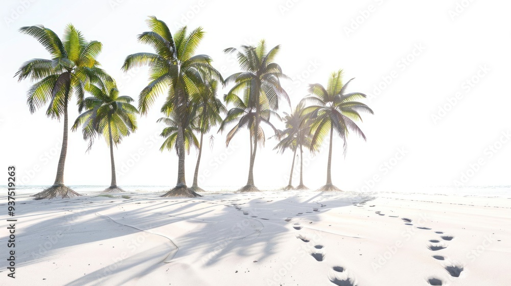 A cluster of weathered coconut palm trees casting long shadows over a pristine white winter beach, with footprints in the sand leading towards the horizon A cluster of weathered coconut palm trees casting long shadows over a pristine white winter beach, with footprints in the sand leading towards the horizon