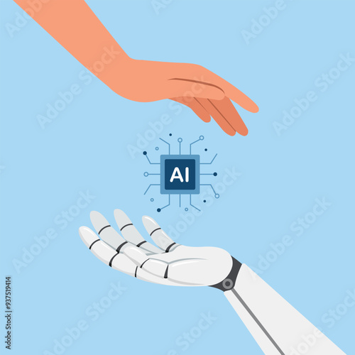 Human and AI Working Together,  Business industry robot factory concept. Human hands and AI robot hands holding the system.